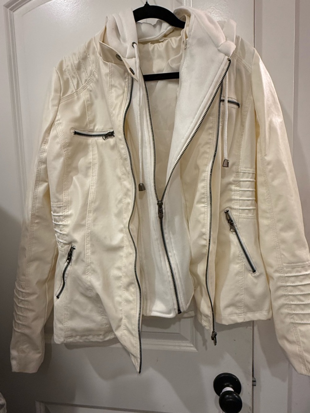 Cream Zipper Moto Jacket with Hoodie